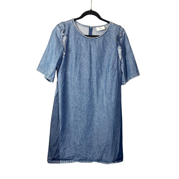 Loup Dresses & Skirts - Loup Denim Shift Dress Womens L Ruffle Short‎ Sleeve Denim Indie Mod Minimalist